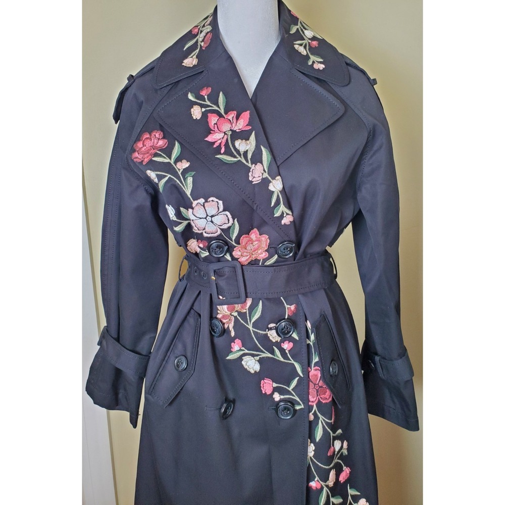 Kate Spade New York Madison Ave XXS Black Embroidered Pink Floral‎ Trench Coat - Picture 2 of 15